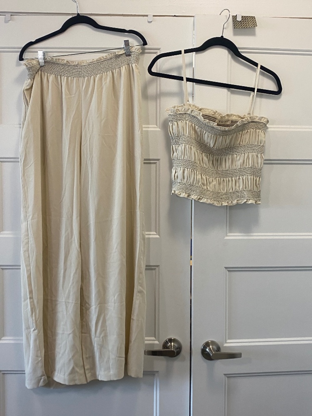 Solai The Label Outfit Off White Smocked Thin Strap Top and Wide Leg Pants Large
